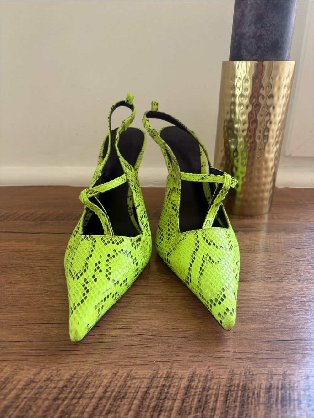 Brand New H&M Neon Green Snake-Print Pointed Toe Slingback Heels SZ 11/42